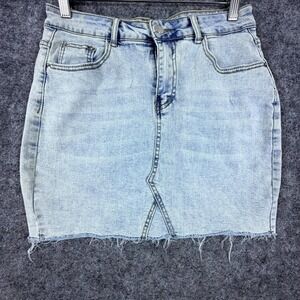 GUANYY Jean Skirt Womens Medium Blue Denim Light Wash 90s 80s Grunge Frayed Hem‎